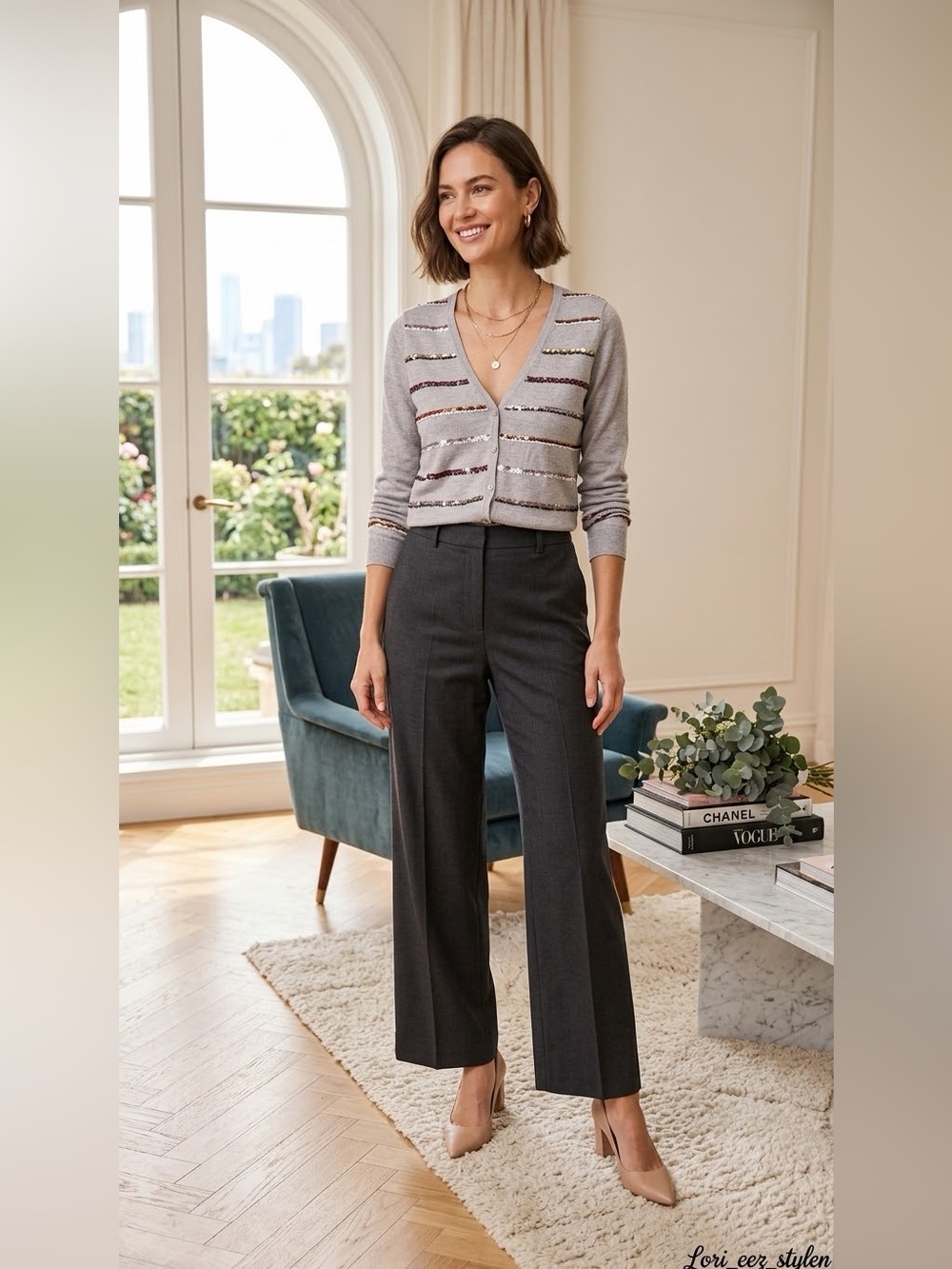 100% soft wool from Italy Gray V-Neck Sequin Stripe Cardigan